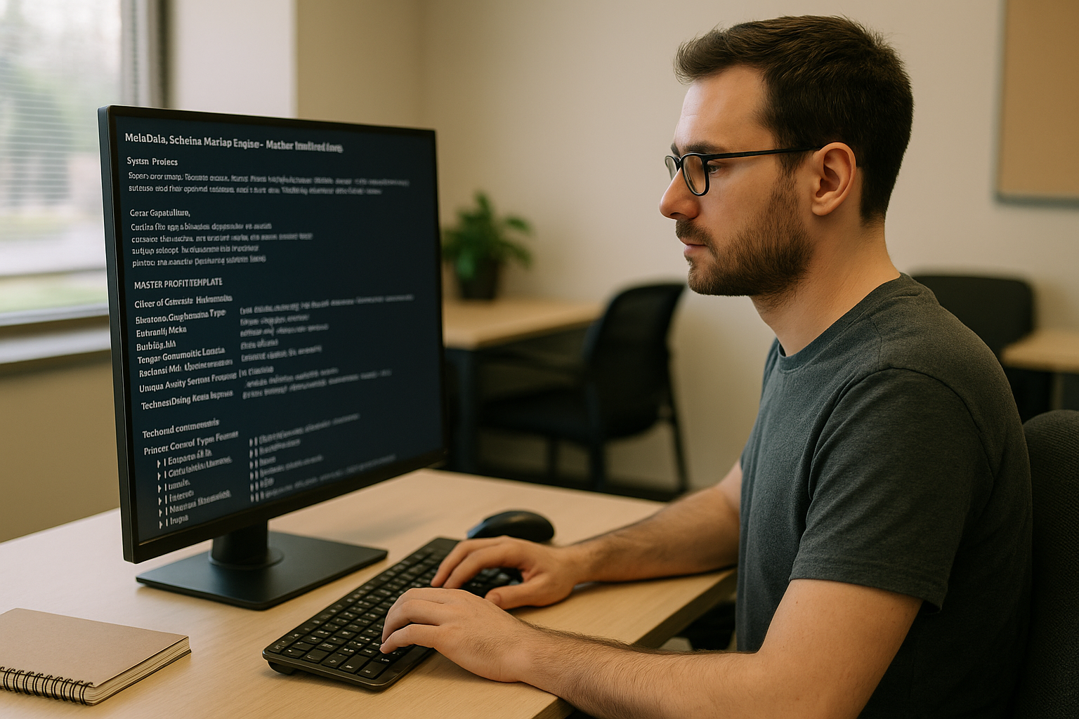 Prompt engineer in suburban office working on schema markup and structured data for SEO optimization.