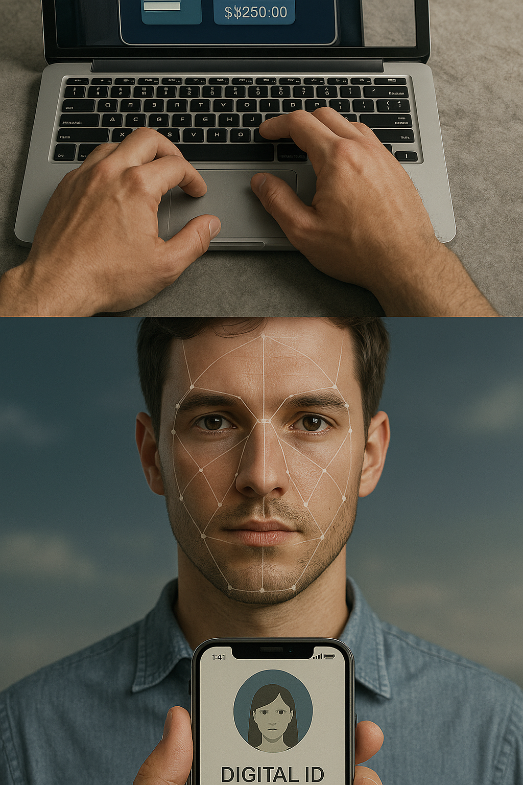 A hyper-realistic vertical composite image illustrating the progression of digital convenience: a person using online banking on a laptop, facial recognition scanning on a man’s face, and a digital ID displayed on a smartphone, representing how convenience technologies evolve into normalized systems.