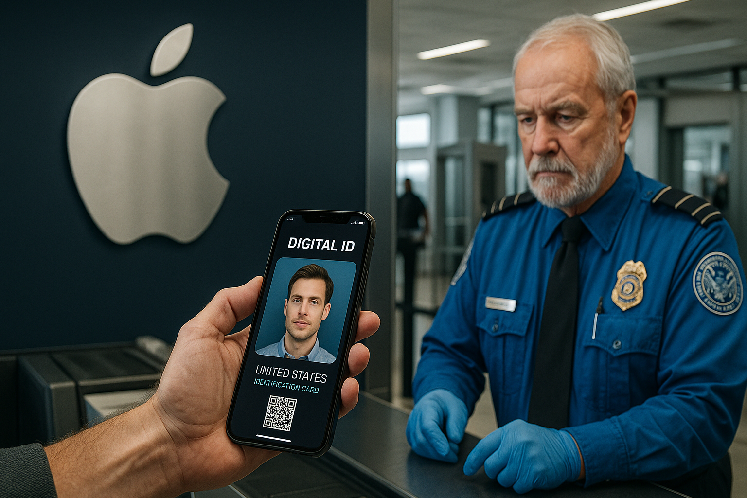 A traveler presents a Digital ID on an iPhone to a TSA officer at an airport checkpoint, with a large Apple logo visible in the background.